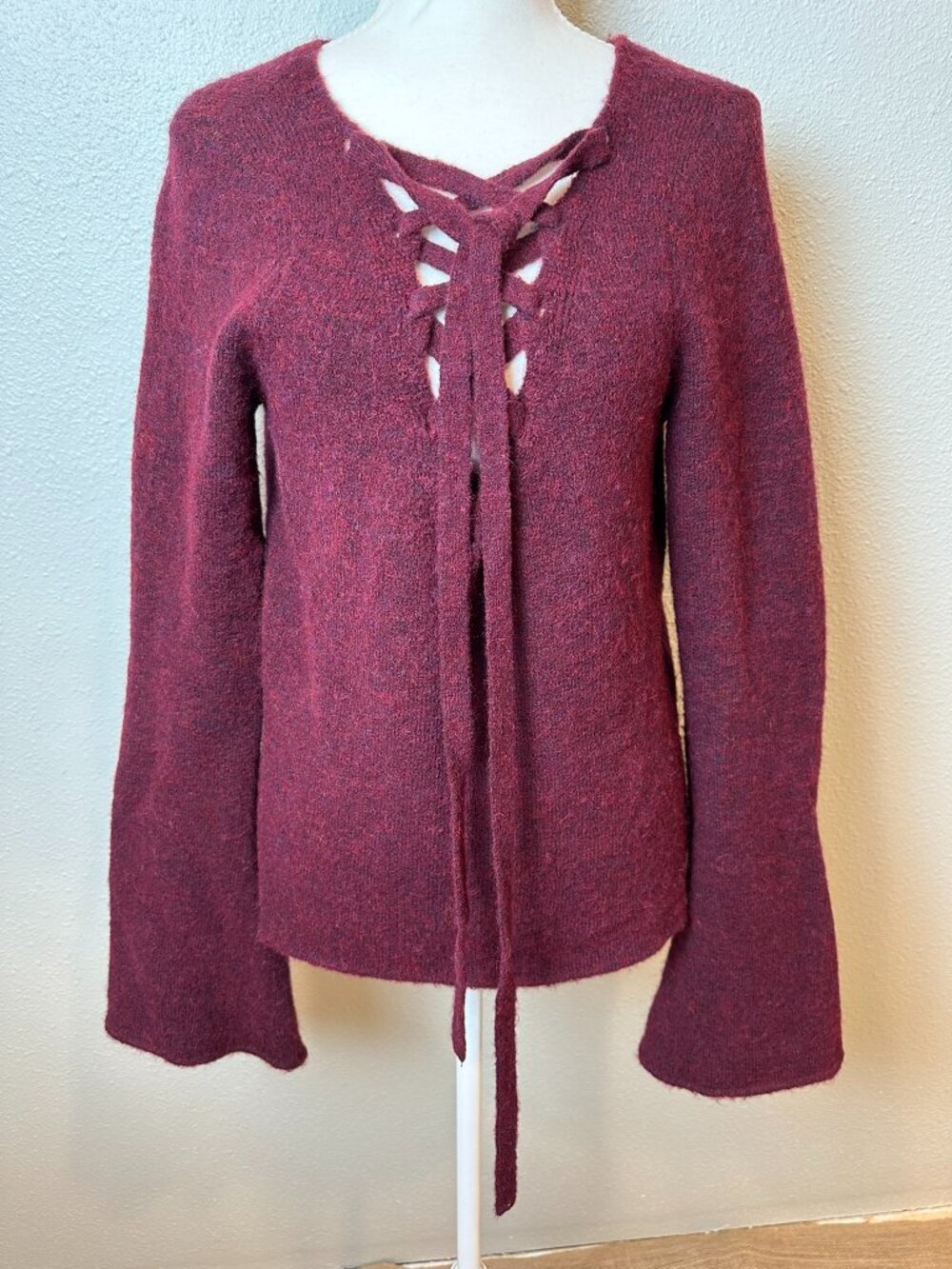 L’Agence Lace-Up Candela Sweater in Burgundy, Bell Sleeves, Size Small